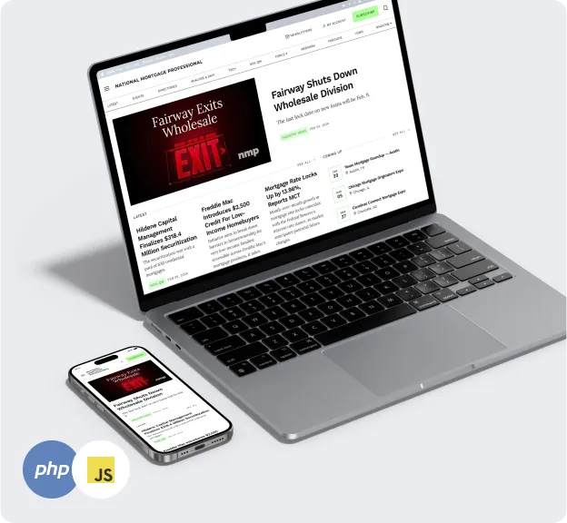 An angled view of a MacBook and iPhone displaying a financial news article with the headline 'Fairway Shuts Down Wholesale Division', placed next to icons representing PHP and JavaScript programming languages.